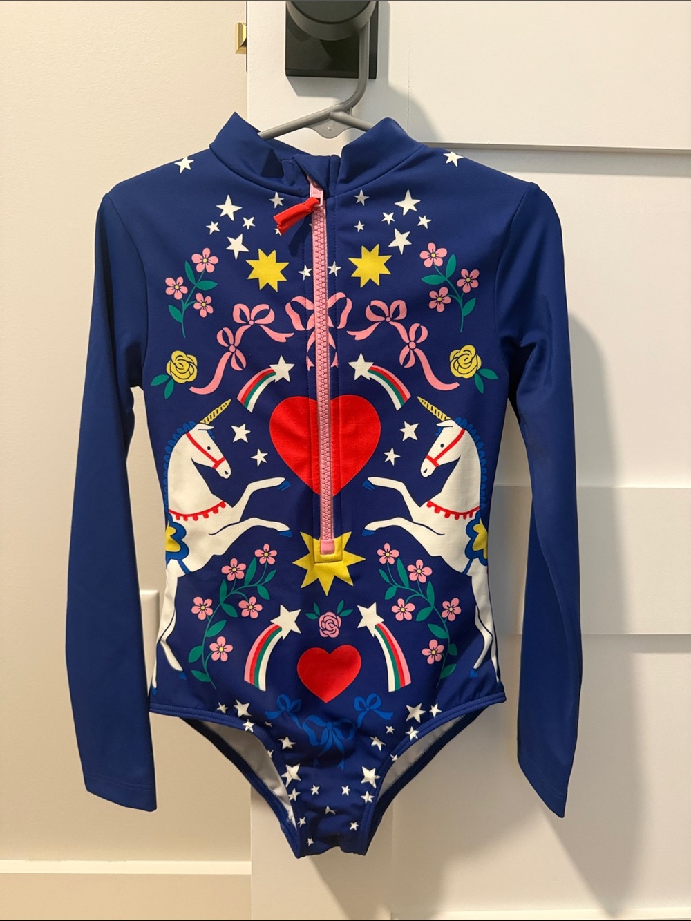 Mini Boden Navy Long-Sleeve Unicorn Heart One-Piece
